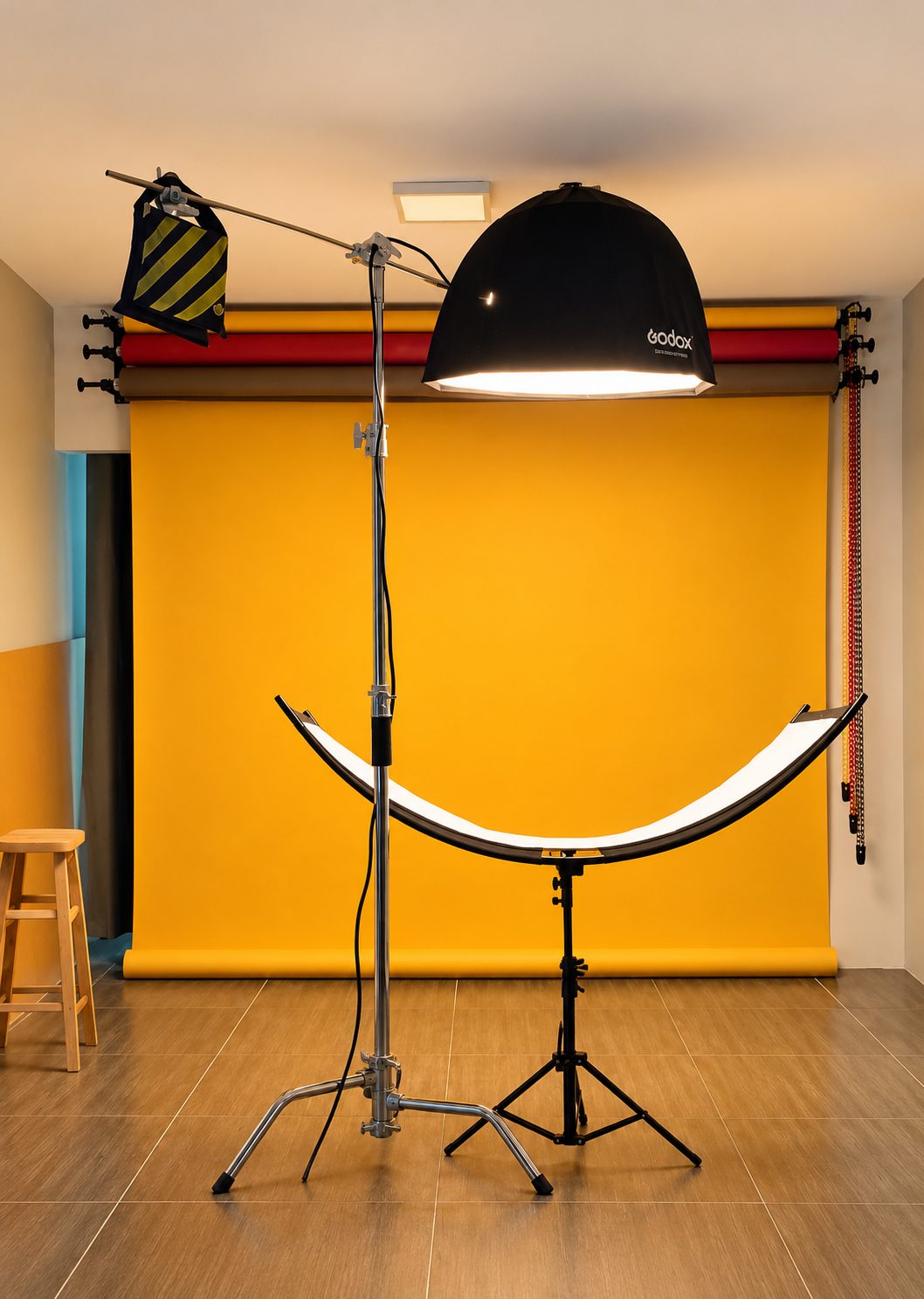 Set del estudio: fondo de papel amarillo, luz con softbox y reflector