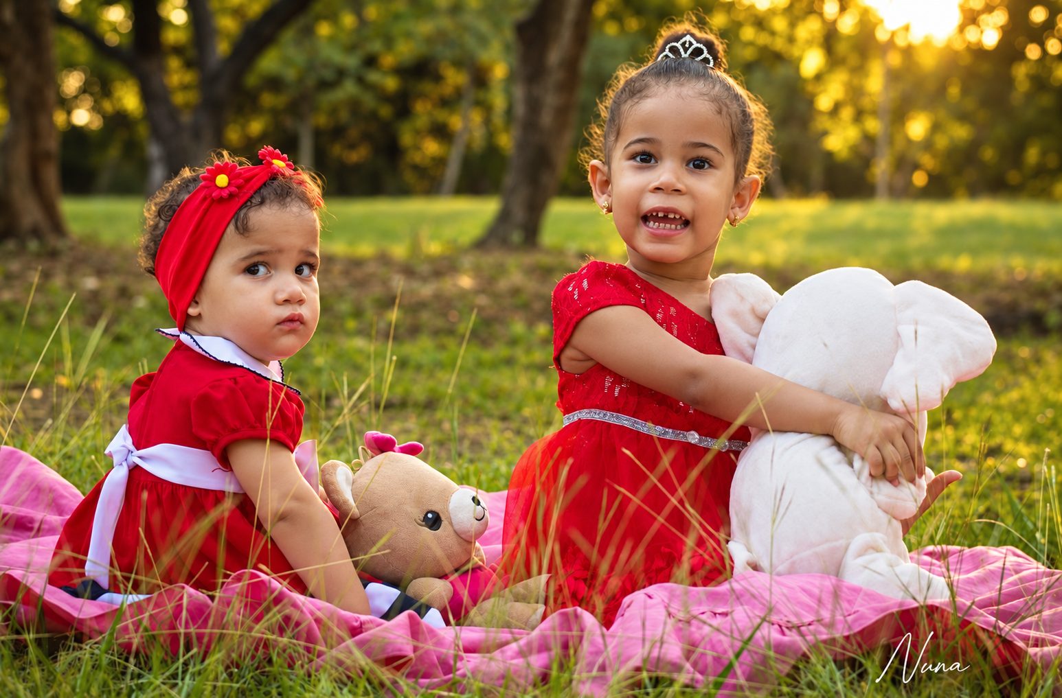 Dos niñas con vestidos rojos y peluches sobre una manta rosada en el parque